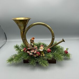 Vintage Teleflora Brass Horn Christmas Center Piece Mantle Decor Elves Fake Pine